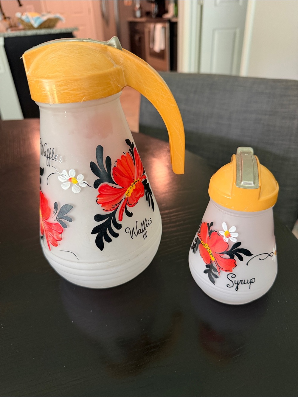 Vintage Hazel Atlas Floral Syrup & Waffle Set with Yellow Lids
